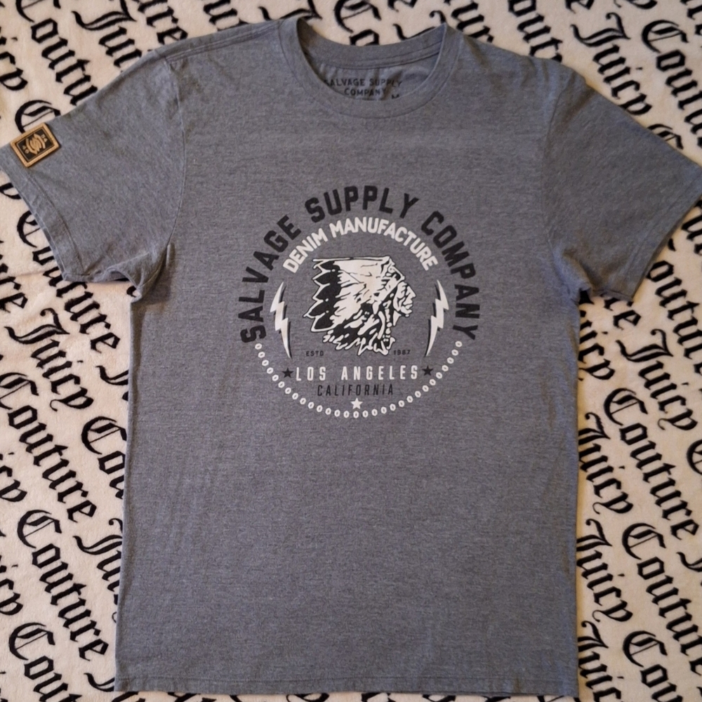 Medium Salvage Supply Company Gray Men's T-Shirt With Indian Head Chest Logo.